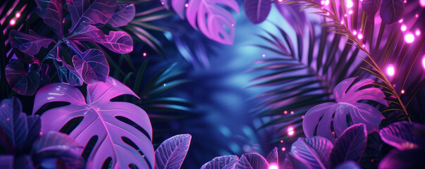 Neon light with tropical leaf summer background - obrazy, fototapety, plakaty