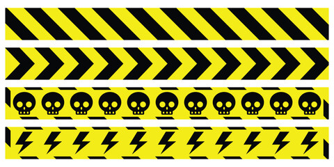 yellow line black skull electrical stripe arrow radioactive caution tapes danger warning ribbons. construction sites, banner traffic sign symbol logo design for web mobile isolated white background - obrazy, fototapety, plakaty
