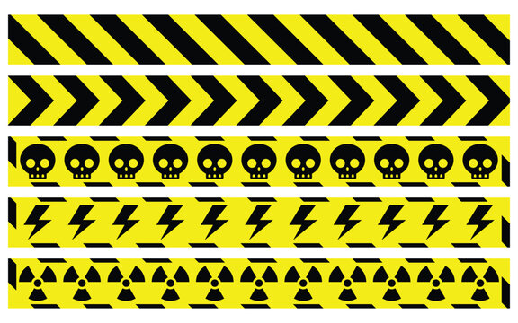 yellow line black skull electrical arrow radioactive stripe caution tapes danger warning ribbons. construction sites, banner traffic sign symbol logo design for web mobile isolated white background