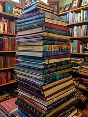 A corner in a bookshop filled with stacks of books