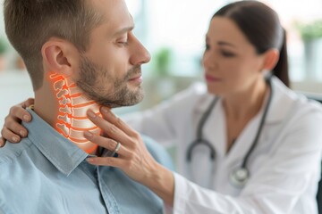 Focused healthcare provider palpates the neck of a male patient, with a highlighted overlay illustrating the cervical spine, indicating a medical evaluation