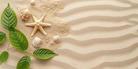 Fototapeta na wymiar Frame border sand background with tropical leaves and starfish, Top view flat lay design