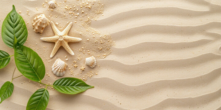 Frame border sand background with tropical leaves and starfish, Top view flat lay design