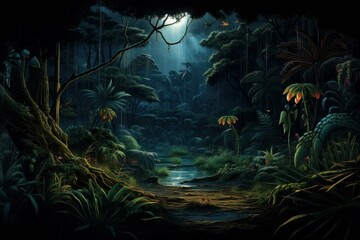Fototapeta na wymiar Night forest jungle dark. Tropical tree. Generate Ai