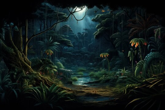 Night forest jungle dark. Tropical tree. Generate Ai