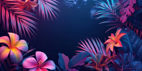 Fototapeta na wymiar Tropical plants palm leaves in vibrant bold gradient holographic colors. Concept art. Minimal surrealism, Summer holiday vacation concept