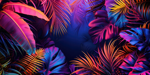 Tropical plants palm leaves in vibrant bold gradient holographic colors. Concept art. Minimal surrealism, Summer holiday vacation concept - obrazy, fototapety, plakaty
