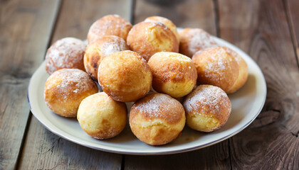 Small balls of freshly baked homemade cottage cheese doughnuts in a plate on a wooden background. Rustic style. selective focus and soft blurred edge - obrazy, fototapety, plakaty