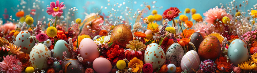 Colorful Easter Celebration with Eggs and Spring Flowers - obrazy, fototapety, plakaty
