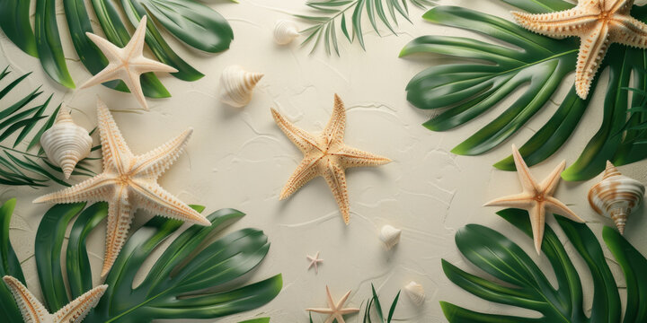 Flat lay Summer background tropical leaves and starfish, Top view