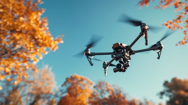 A drone hovering in a clear blue sky, showcasing its high-definition camera and sensors capturing breathtaking aerial footage