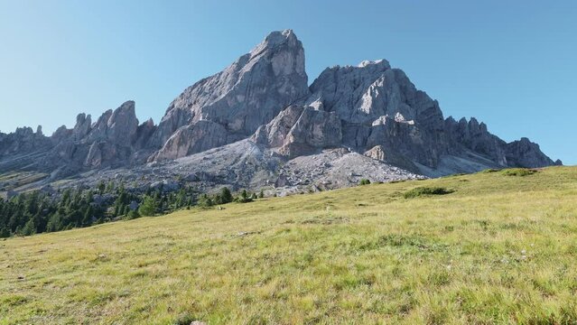 View of the Peitlerkofel (Sass de Putia), mountain of the Dolomites in South Tyrol, Italy. High quality 4k footage