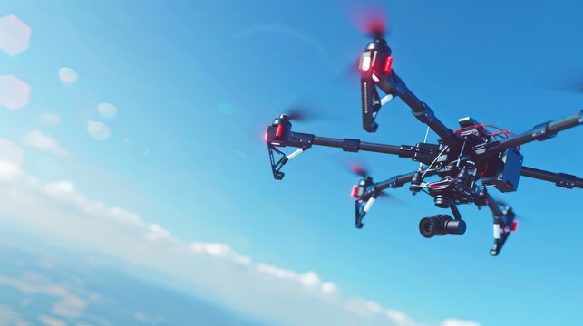 A drone hovering in a clear blue sky, showcasing its high-definition camera and sensors capturing breathtaking aerial footage