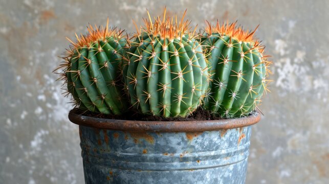 A potted succulent cactus with sharp spines thrives in the dry climate