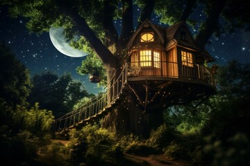 Fototapeta na wymiar Night tree house. Fantasy forest. Generate Ai