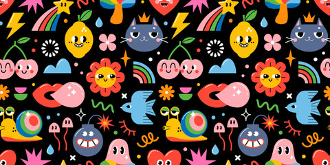 Vector seamless pattern of funny cartoon groovy characters in rainbow vibrant colours on black background