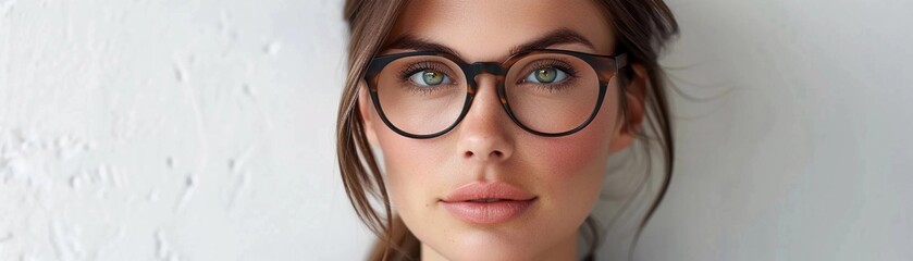 Focused Professional, close-up of a businesswoman wearing glasses, with a serious and focused expression as she looks directly at the camera, generative AI