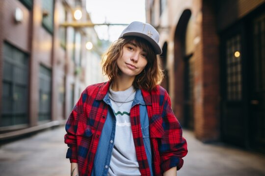 Portrait of a young handsome hipster man in a cap and a plaid shirt in the city.