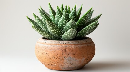 A potted succulent cactus with sharp spines thrives in a decorative pot