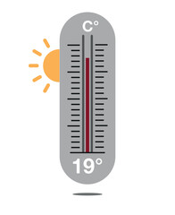 19&deg; C. Design thermometer weather forecast. Warm temperature concept with sun
