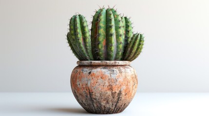 A cactus with flowers in a pot surrounded by nature-themed elements, showcasing its sharp thorns...