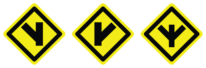 set yellow split y road turn left right right arrow traffic warning caution sign icon. exclamation, hazard sign symbol logo design for web mobile isolated white background illustration. - obrazy, fototapety, plakaty