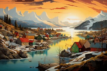 Nordic village view panorama. Beauty coast. Generate Ai