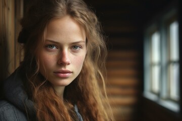 Fototapeta premium Norwegian woman portrait. Serious face. Generate Ai
