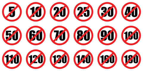 set prohibitory sign of maximum road caution warning traffic end speed limit kilometres per hour. Speedometer indicators warning coution symbol collection for web mobile isolated white background