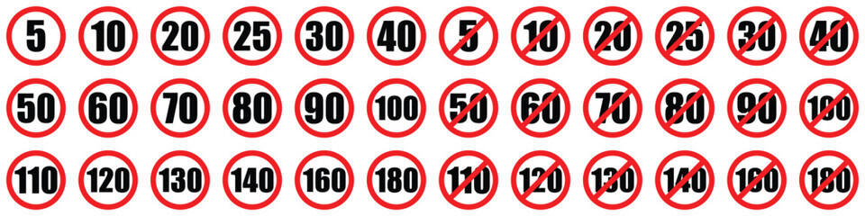 set prohibitory sign of maximum road caution warning traffic end speed limit kilometres per hour. Speedometer indicators warning coution symbol collection for web mobile isolated white background