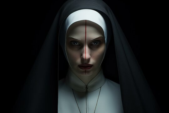 Unsettling Nun creepy portrait. Demon ghost sister. Generate Ai