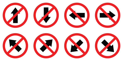 set keep right left straight ahead back arrow road traffic red prohibitory sign icon. warning primited cross road symbol logo design for web mobile isolated white background illustration.