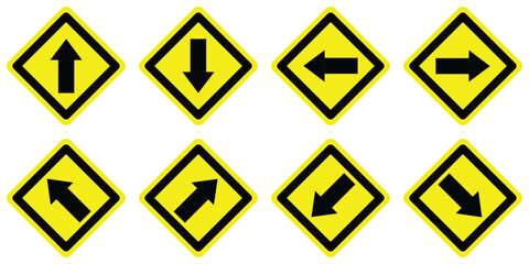 set keep right left straight ahead back arrow road traffic yellow warning sign icon. danger primited cross road symbol logo design for web mobile isolated white background illustration.