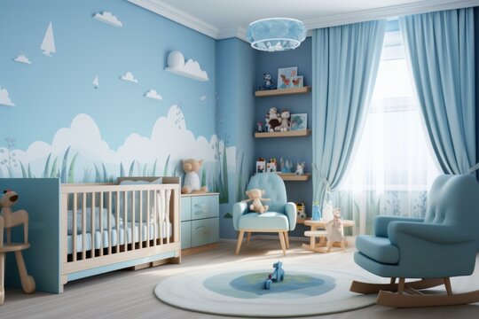 Modern nursery room blue. Design furniture. Generate Ai