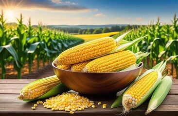Fresh corn and cobs in bowl on rustic wooden table, Corns field in background