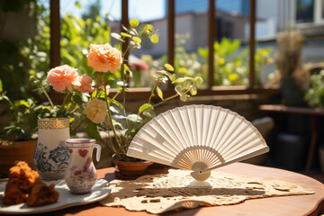 A compact disposable hand fan and sunscreen on a summer patio table - obrazy, fototapety, plakaty
