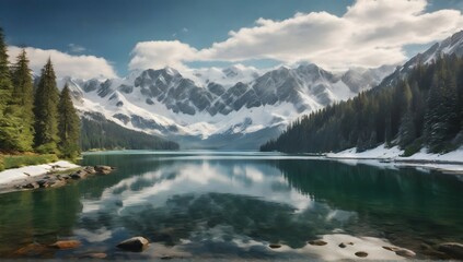 Fototapeta na wymiar A majestic landscape of snow-capped mountains towering over a serene lake, surrounded by a lush forest of evergreen trees.