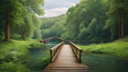 Foto op Plexiglas Step into a world of vibrant greenery and serene waters, as a picturesque bridge leads you deeper into the heart of the forest. © Hataf