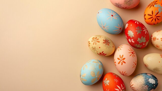 Colorful easter eggs on beige color background , top view 