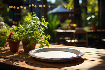 A common disposable paper plate in a backyard barbecue setting