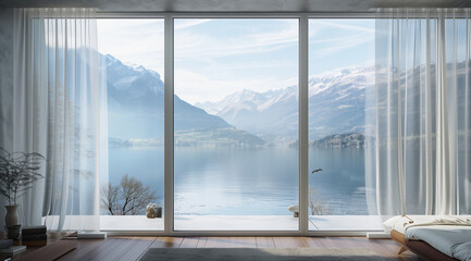 Fototapeta na wymiar a window view of lake and mountains with curtains