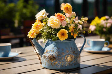 A charming mini disposable watering can with floral motifs on a garden table - obrazy, fototapety, plakaty
