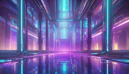 Futuristic interior. Violet and blue glowing neon. Technology concept art. Abstract Cybernet