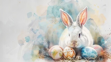 Easter, Water color of Cute Bunny and Easter Eggs with copy space
