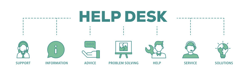 Help desk banner web icon illustration concept with icon of support, information, advice, problem solving, help, service and solutions icon live stroke and easy to edit 