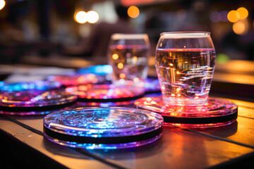 A unique and stylish disposable drink coaster with a holographic design on a bar counter - obrazy, fototapety, plakaty