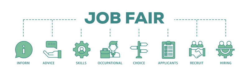 Job fair banner web icon illustration concept with icon of the information, advice, skills, occupational, applicants, recruit, and hiring icon live stroke and easy to edit 