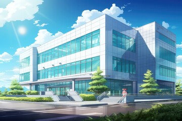 Futuristic Office building exterior anime visual novel game. Urban district. Generate Ai