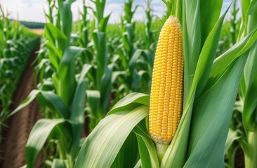 Close-up of young corn cobs with leaves containing pests with blurred farmer background. Young and green corn field during summer. Agriculture, production, corn and agriculture concept