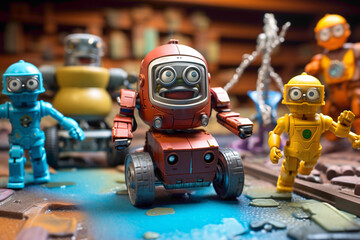 A group of small robot toys engaged in a playful race, capturing the excitement of a futuristic miniature competition.